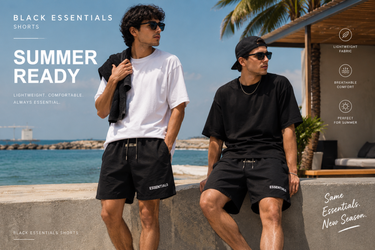 Two models wearing black Essentials shorts with white and black T-shirts in a sunny coastal setting, showcasing Black Essentials Shorts summer streetwear style.