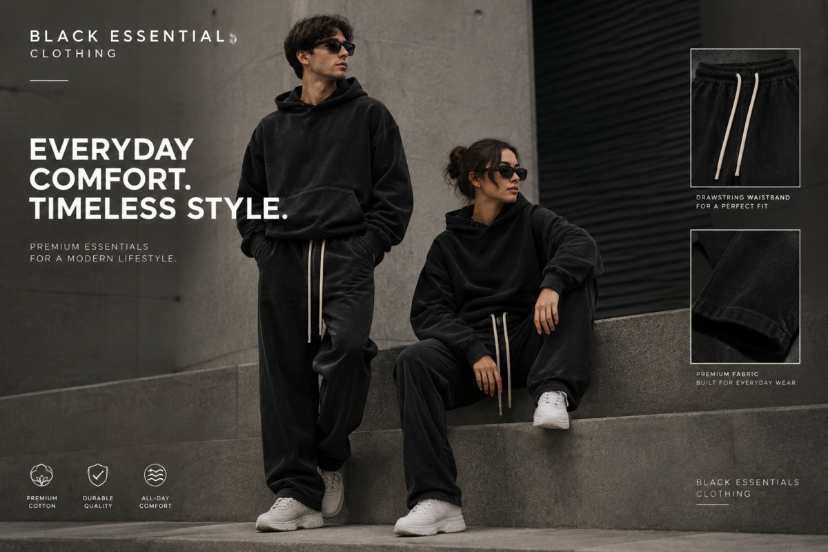 Two models wearing black Essentials hoodies and black drawstring sweatpants, showcasing Black Essentials Clothing streetwear with a minimalist urban aesthetic.