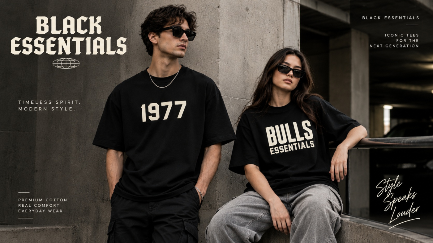 Two models wearing black oversized graphic T-shirts from Black Essentials in a modern urban setting, showcasing minimalist streetwear style.