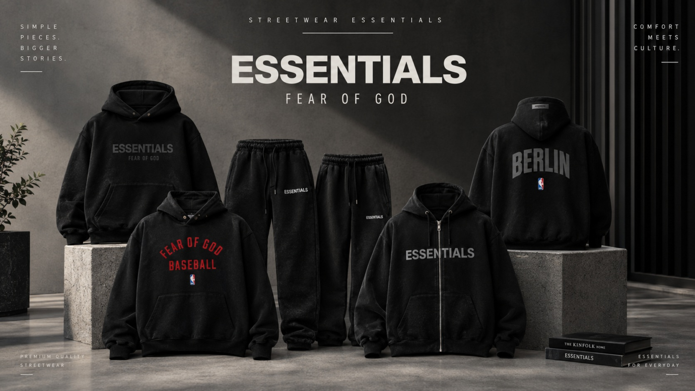 Black Essentials Fear of God hoodies, sweatpants, and zip-up jackets displayed in a premium urban streetwear collection.