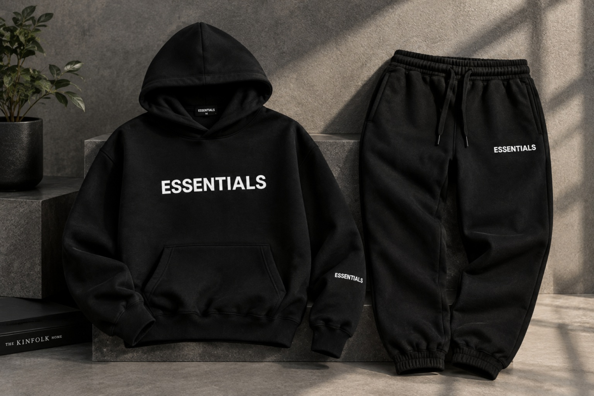 Black essentials tracksuit with hoodie and joggers, both featuring a white ESSENTIALS logo