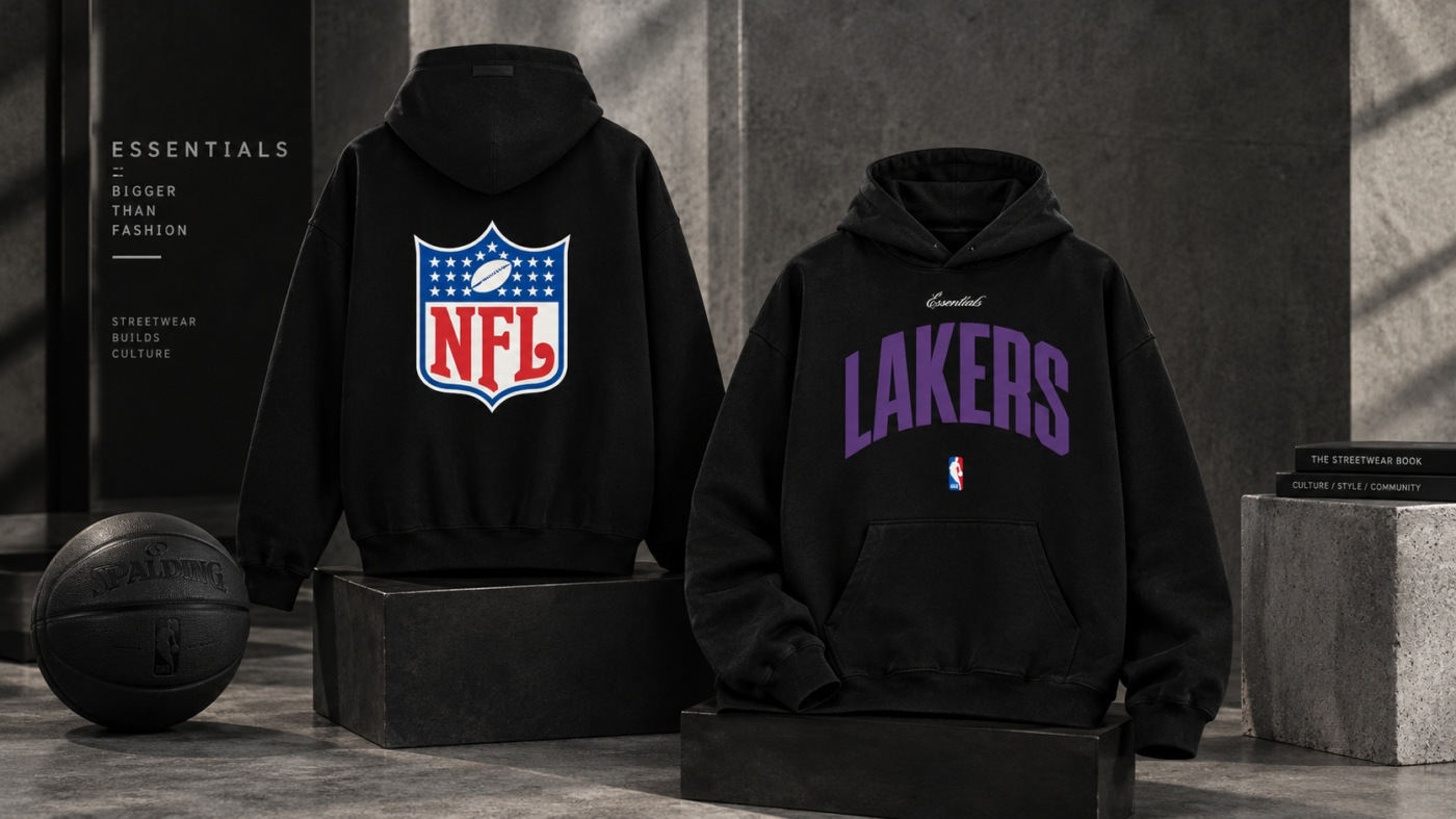 Black Essentials NFL hoodie and black Essentials Lakers hoodie displayed in a premium streetwear setting with basketball-inspired details.