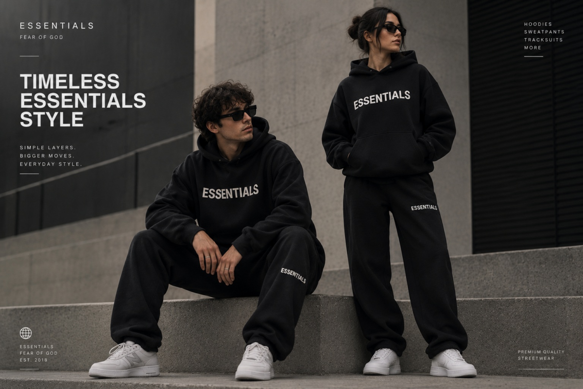 Two models wearing black Essentials Fear of God hoodies and matching sweatpants in a modern urban streetwear setting