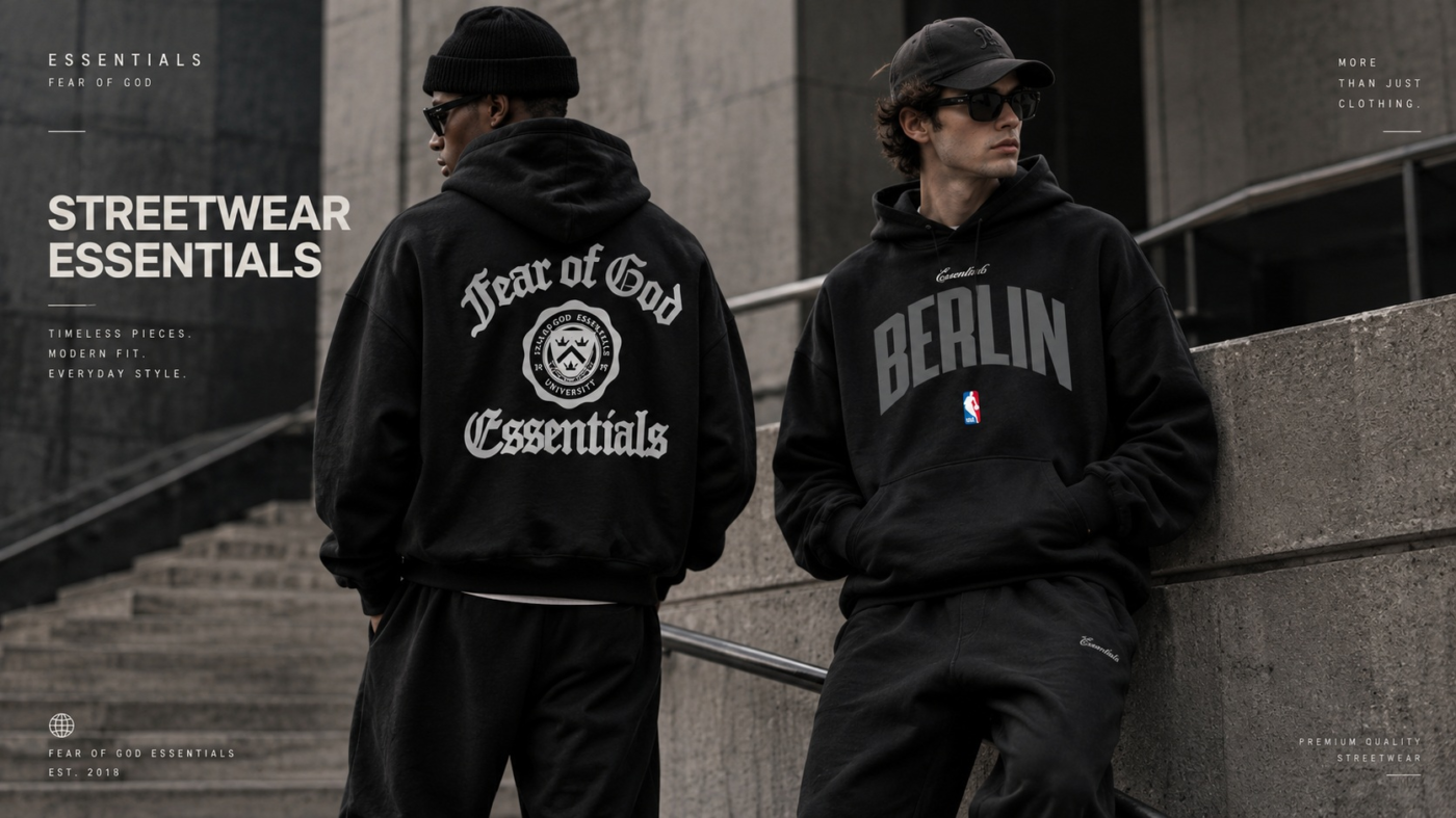 Two models wearing black Essentials Fear of God hoodies, featuring a white gothic logo and a black Berlin graphic, styled in a modern urban streetwear setting.
