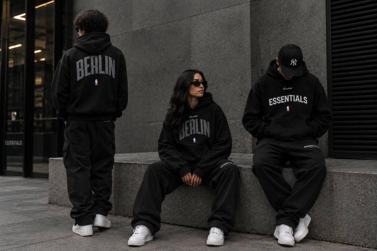 Three people in black essentials hoodies, loose black pants, and white sneakers on a concrete ledge