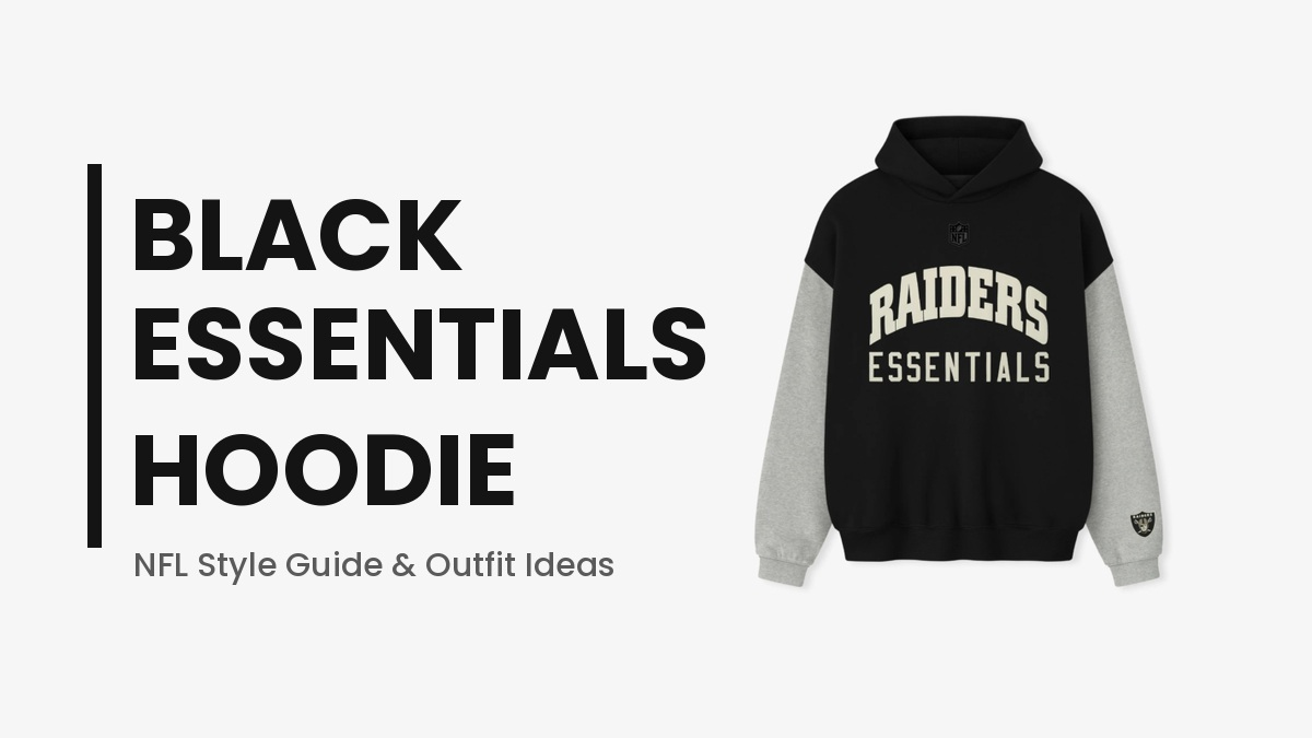 Black Essentials hoodie with grey sleeves and Raiders Essentials print