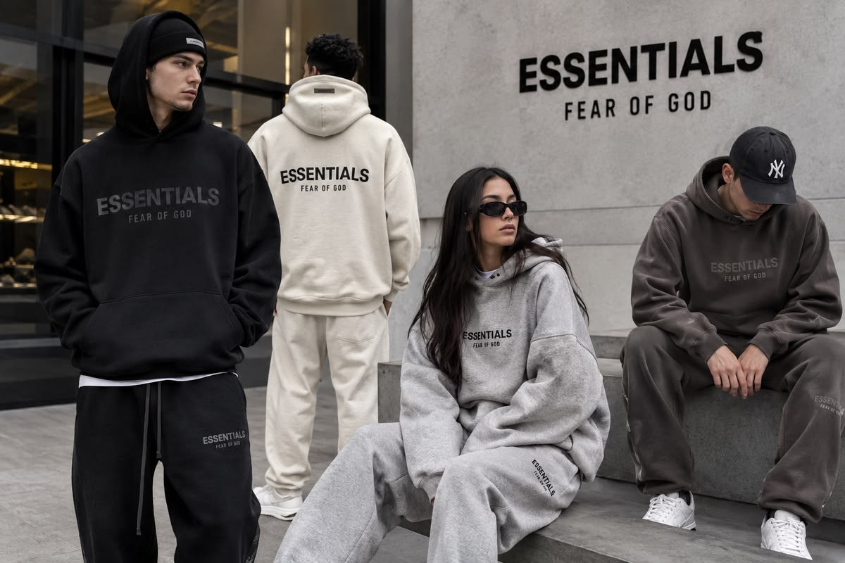Essentials Fear of God hoodies and sweatpants in black, cream, grey, and brown streetwear styles worn by models outside an Essentials storefront.